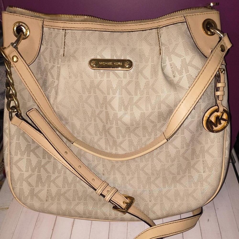 Michael Kors Large Crossbody Bag Cream Gold MK Signature Monogram Handbag
